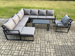 Fimous Aluminium Patio Outdoor Garden Furniture Lounge Corner Sofa Set with Oblong Coffee Table Big Footstool Chair Dark Grey - thumbnail 1