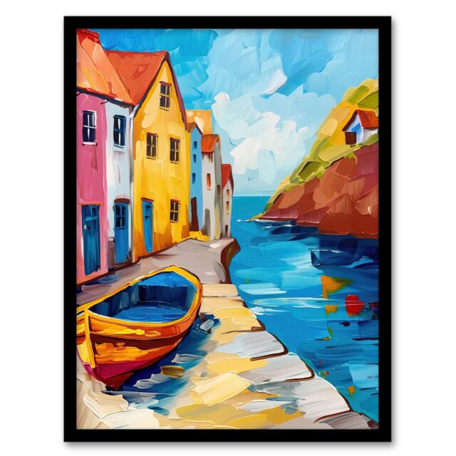 "Artery8 Colourful Houses Boat English Seaside Town Framed Art Print - Size: W12"" x H16""" - image 1