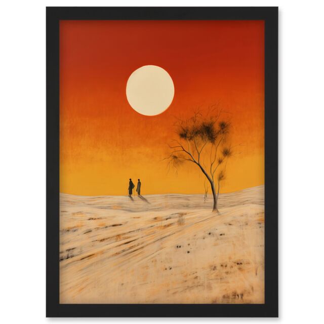 Artery8 Wall Art Print Desert Landscape Sunset Sun Oil Painting Amber Orange Yellow Windswept Dunes Artwork Framed A4 in Black - image 1