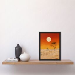 Artery8 Wall Art Print Desert Landscape Sunset Sun Oil Painting Amber Orange Yellow Windswept Dunes Artwork Framed A4 in Black - thumbnail 2