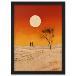 Artery8 Wall Art Print Desert Landscape Sunset Sun Oil Painting Amber Orange Yellow Windswept Dunes Artwork Framed A4 in Black - thumbnail 1