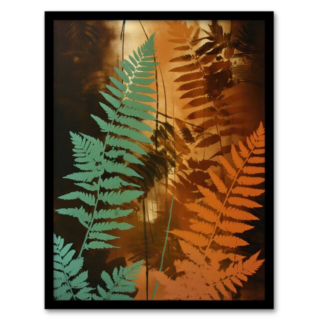 Artery8 Ferns Orange & Teal Vintage Aesthetic Earthy Botanical Artwork Framed Wall Art Print A4 in Black - image 1