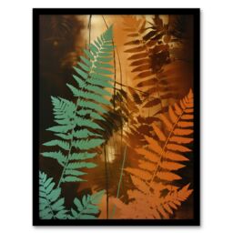 Artery8 Ferns Orange & Teal Vintage Aesthetic Earthy Botanical Artwork Framed Wall Art Print A4 in Black - thumbnail 1