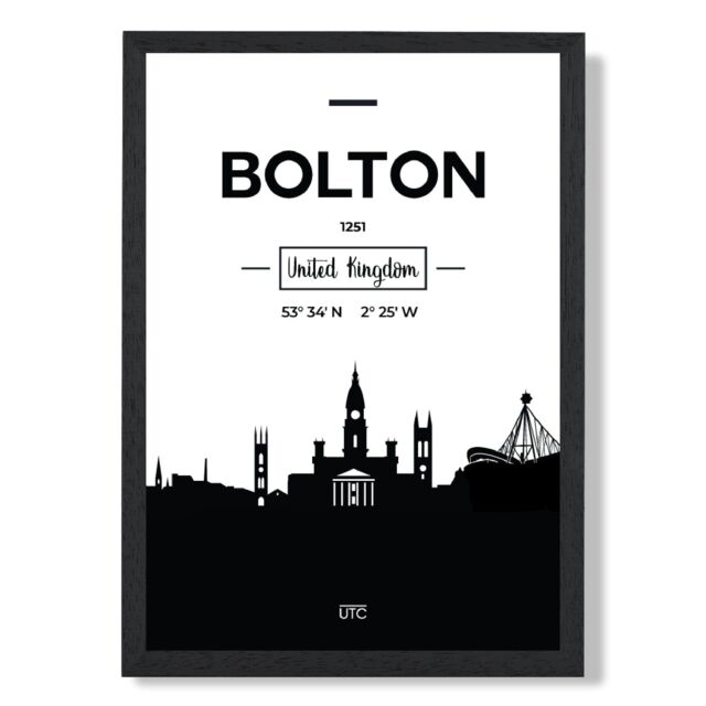 ARTZE Bolton Black & White City Skyline Framed Print SIZE: A2 with Black Frame - Size: A4 - image 1