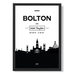 ARTZE Bolton Black & White City Skyline Framed Print SIZE: A2 with Black Frame - Size: A4 - thumbnail 1