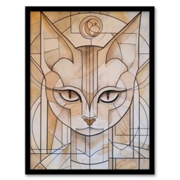 "Artery8 Cat Lover Art Deco Feline Design Portrait Framed Art Print in Beige - Size: W12"" x H16""" - thumbnail 1