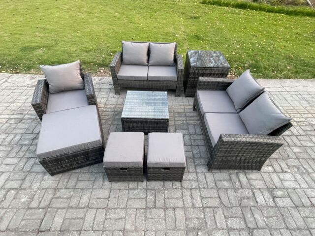 Fimous 8 Seater Outdoor Rattan Garden Furniture Set Conservatory Patio Sofa Coffee Table Set with Chair Side Table 3 Footstools in Dark Grey