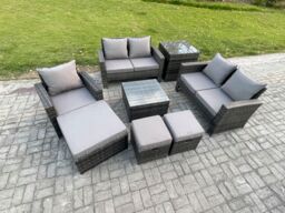 Fimous 8 Seater Outdoor Rattan Garden Furniture Set Conservatory Patio Sofa Coffee Table Set with Chair Side Table 3 Footstools in Dark Grey - thumbnail 2