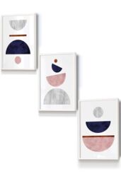 Navy, Pink and Grey Abstract Mid Century Geometric Framed Wall Art - Small