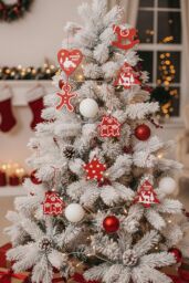 Living and Home Christmas Tree Wooden Hanging Ornament Set in Red - thumbnail 2