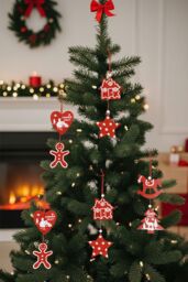 Living and Home Christmas Tree Wooden Hanging Ornament Set in Red - thumbnail 1