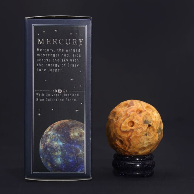 KDMD Crazy Lace Jasper Planet on a Sola Goldstone Stand (MERCURY) in Yellow - image 1