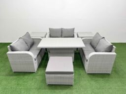 Fimous 7 Seater PE Wicker Rattan Furniture Sofa Sets w/ Adjustable Lifting Dining or Coffee Table 2 Seater Love Sofa Big Footstool 2 Side Table Light - thumbnail 1