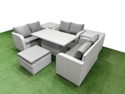 Fimous 7 Seater PE Wicker Rattan Furniture Sofa Sets w/ Adjustable Lifting Dining or Coffee Table 2 Seater Love Sofa Big Footstool 2 Side Table Light - thumbnail 2