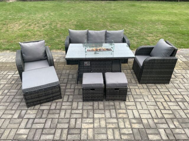 Fimous Wicker Rattan Garden Furniture Sofa Set Gas Fire Pit Dining Table Indoor Outdoor with Chair 3 Footstools in Dark Grey - image 1
