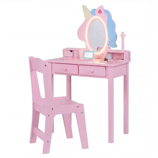 CASART Kids Vanity Set with Lighted Unicorn Mirror 2-in-1 Toddler Makeup Desk in Pink - image 1