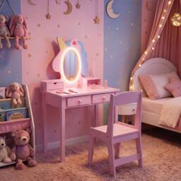 CASART Kids Vanity Set with Lighted Unicorn Mirror 2-in-1 Toddler Makeup Desk in Pink - thumbnail 3