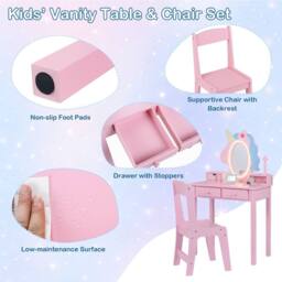 CASART Kids Vanity Set with Lighted Unicorn Mirror 2-in-1 Toddler Makeup Desk in Pink - thumbnail 8