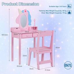 CASART Kids Vanity Set with Lighted Unicorn Mirror 2-in-1 Toddler Makeup Desk in Pink - thumbnail 2