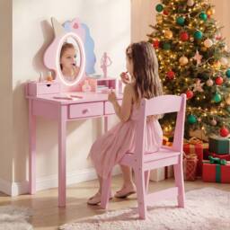 CASART Kids Vanity Set with Lighted Unicorn Mirror 2-in-1 Toddler Makeup Desk in Pink - thumbnail 4