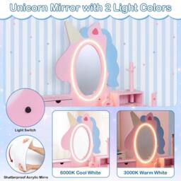 CASART Kids Vanity Set with Lighted Unicorn Mirror 2-in-1 Toddler Makeup Desk in Pink - thumbnail 6