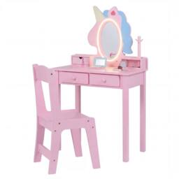 CASART Kids Vanity Set with Lighted Unicorn Mirror 2-in-1 Toddler Makeup Desk in Pink