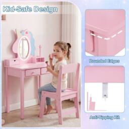 CASART Kids Vanity Set with Lighted Unicorn Mirror 2-in-1 Toddler Makeup Desk in Pink - thumbnail 9