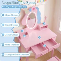 CASART Kids Vanity Set with Lighted Unicorn Mirror 2-in-1 Toddler Makeup Desk in Pink - thumbnail 7