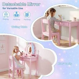 CASART Kids Vanity Set with Lighted Unicorn Mirror 2-in-1 Toddler Makeup Desk in Pink - thumbnail 5