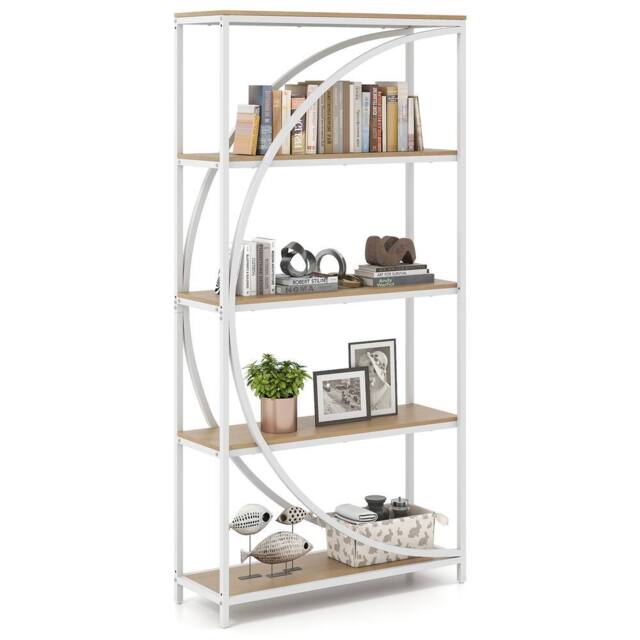Gymax 5-Tier Bookshelf Arc-Shaped Bookcase Metal Frame Storage Organizer in White - image 1