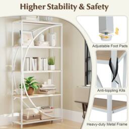 Gymax 5-Tier Bookshelf Arc-Shaped Bookcase Metal Frame Storage Organizer in White - thumbnail 5