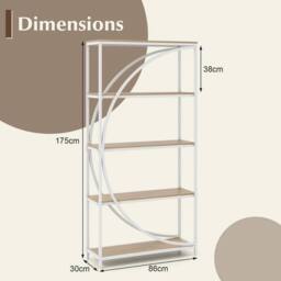 Gymax 5-Tier Bookshelf Arc-Shaped Bookcase Metal Frame Storage Organizer in White - thumbnail 2