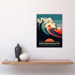 "Artery8 Wall Art Print The Seaside Calls Bournemouth Beach England UK Sunset Woman of the Waves Sea Siren Ocean Poster in Blue - Size: W18"" x H24""" - thumbnail 4