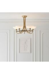 Netlighting Cagney 5 Light Semi Flush Multi Arm Ceiling Light Antique Brass White Glass G9 in Gold - thumbnail 2