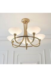 Netlighting Cagney 5 Light Semi Flush Multi Arm Ceiling Light Antique Brass White Glass G9 in Gold - thumbnail 5