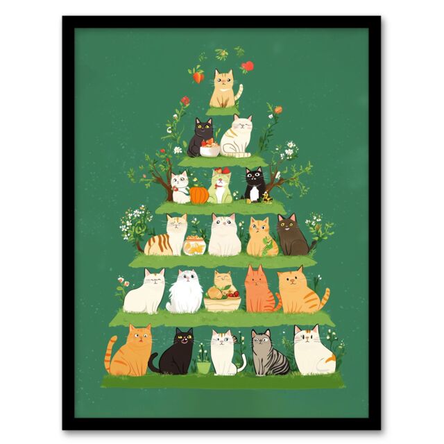 "Artery8 Cat Lover Pet Breed Pyramid Cute Cartoon Style Framed Art Print in Green - Size: W12"" x H16""" - image 1