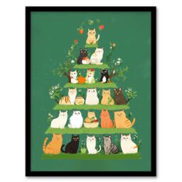 "Artery8 Cat Lover Pet Breed Pyramid Cute Cartoon Style Framed Art Print in Green - Size: W12"" x H16""" - thumbnail 1