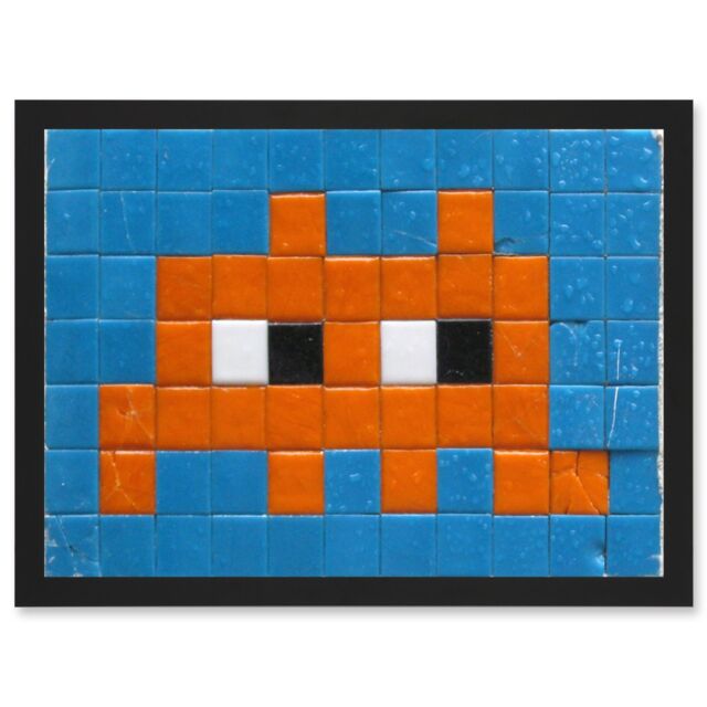 Artery8 Pixel Monster Space Orange Tiles Invaders Artwork Framed Wall Art Print A4 in Black - image 1