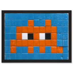 Artery8 Pixel Monster Space Orange Tiles Invaders Artwork Framed Wall Art Print A4 in Black - thumbnail 1