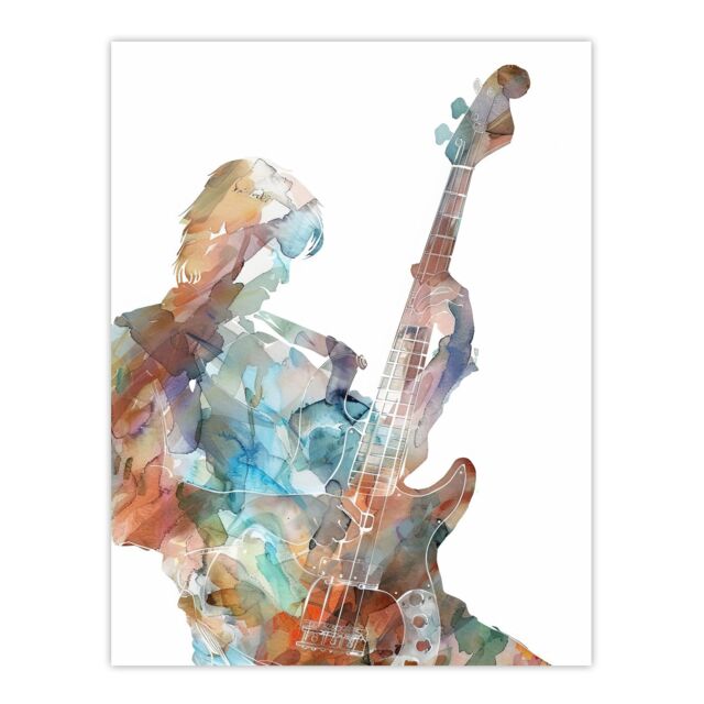"Artery8 Bass Player Musician Bassist Watercolour Painting Wall Art Print in White - Size: W24"" x H32""" - image 1