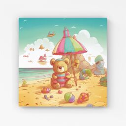 Warren Reed - Designer Teddy Bead On A Beach Holiday Canvas in Yellow - Size: w10 inch x h10 inch - thumbnail 1