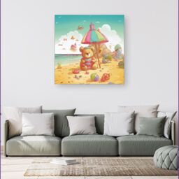 Warren Reed - Designer Teddy Bead On A Beach Holiday Canvas in Yellow - Size: w10 inch x h10 inch - thumbnail 4