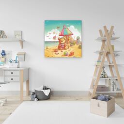Warren Reed - Designer Teddy Bead On A Beach Holiday Canvas in Yellow - Size: w10 inch x h10 inch - thumbnail 3