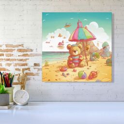 Warren Reed - Designer Teddy Bead On A Beach Holiday Canvas in Yellow - Size: w10 inch x h10 inch - thumbnail 2