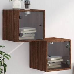 Berkfield Home Bedside Cabinets with Glass Doors 2 pcs Brown Oak 35x37x35 cm - Size: 35 x 37 x 35 cm - thumbnail 2