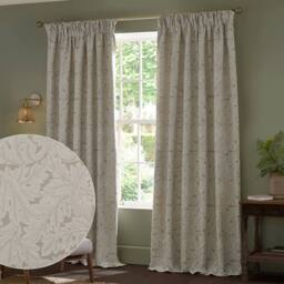 Morris & Co Acanthus Jacquard Fully Lined Pencil Pleat Curtains in Cream - Size: 168 cm width x 183 cm drop