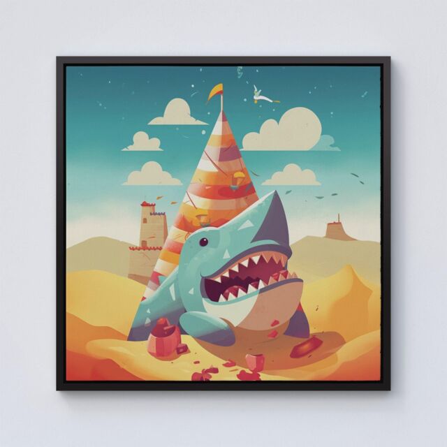 Warren Reed - Designer Shark On A Beach Holiday Framed Canvas in Black - Size: w40 inch x h40 inch - image 1