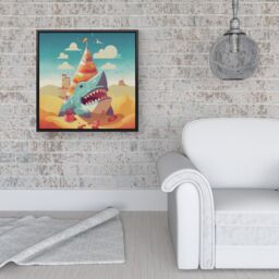 Warren Reed - Designer Shark On A Beach Holiday Framed Canvas in Black - Size: w40 inch x h40 inch - thumbnail 2