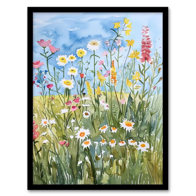 "Artery8 Summer Wildflower Meadow Floral Watercolour Framed Art Print - Size: W12"" x H16""" - image 1