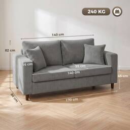 HOMCOM Loveseat Sofa with Wide Seat, Corduroy Upholstered, Light Grey - Size: 2 Seater - thumbnail 3